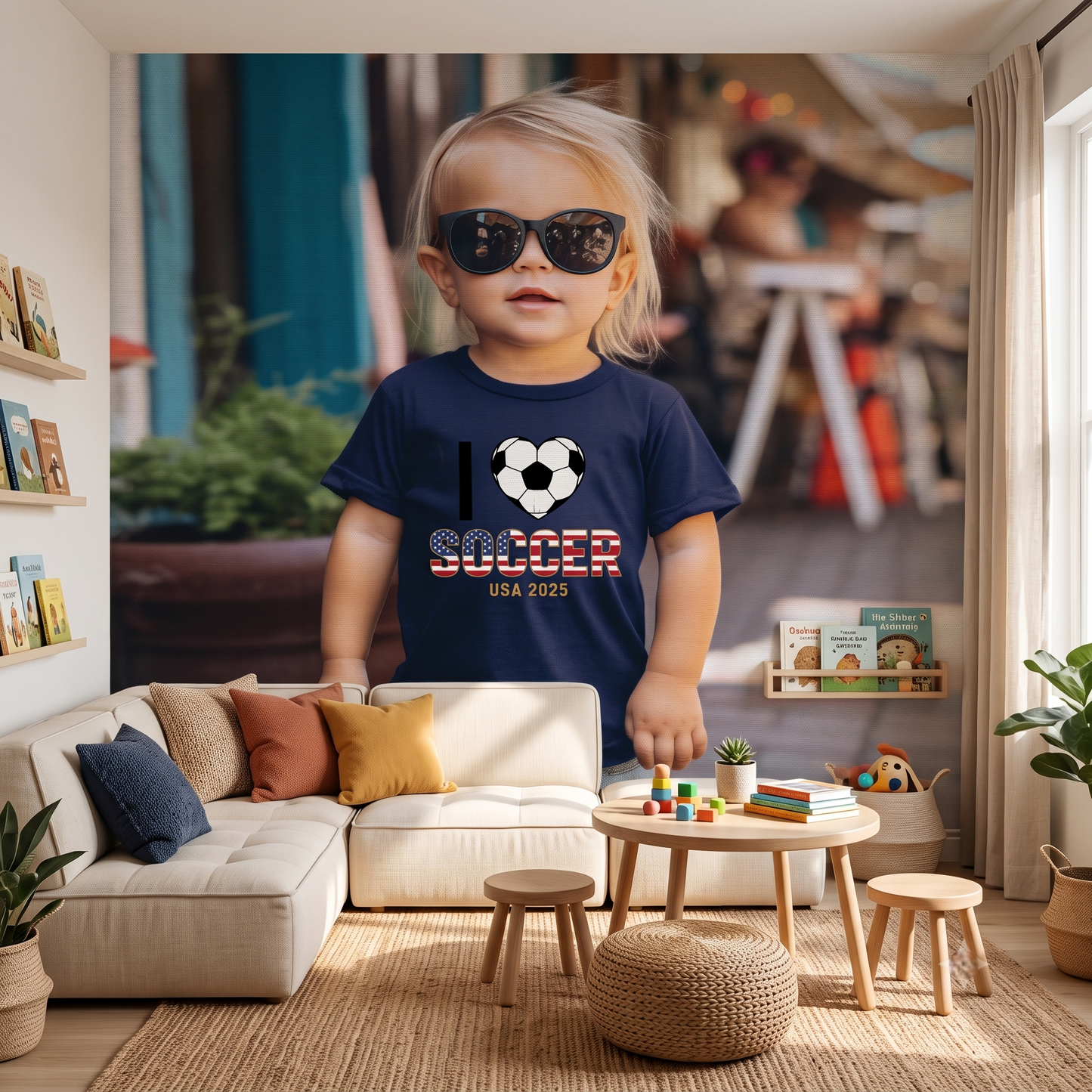 Custom wall mural of an uploaded photo printed as wallpaper in a kids' playroom
