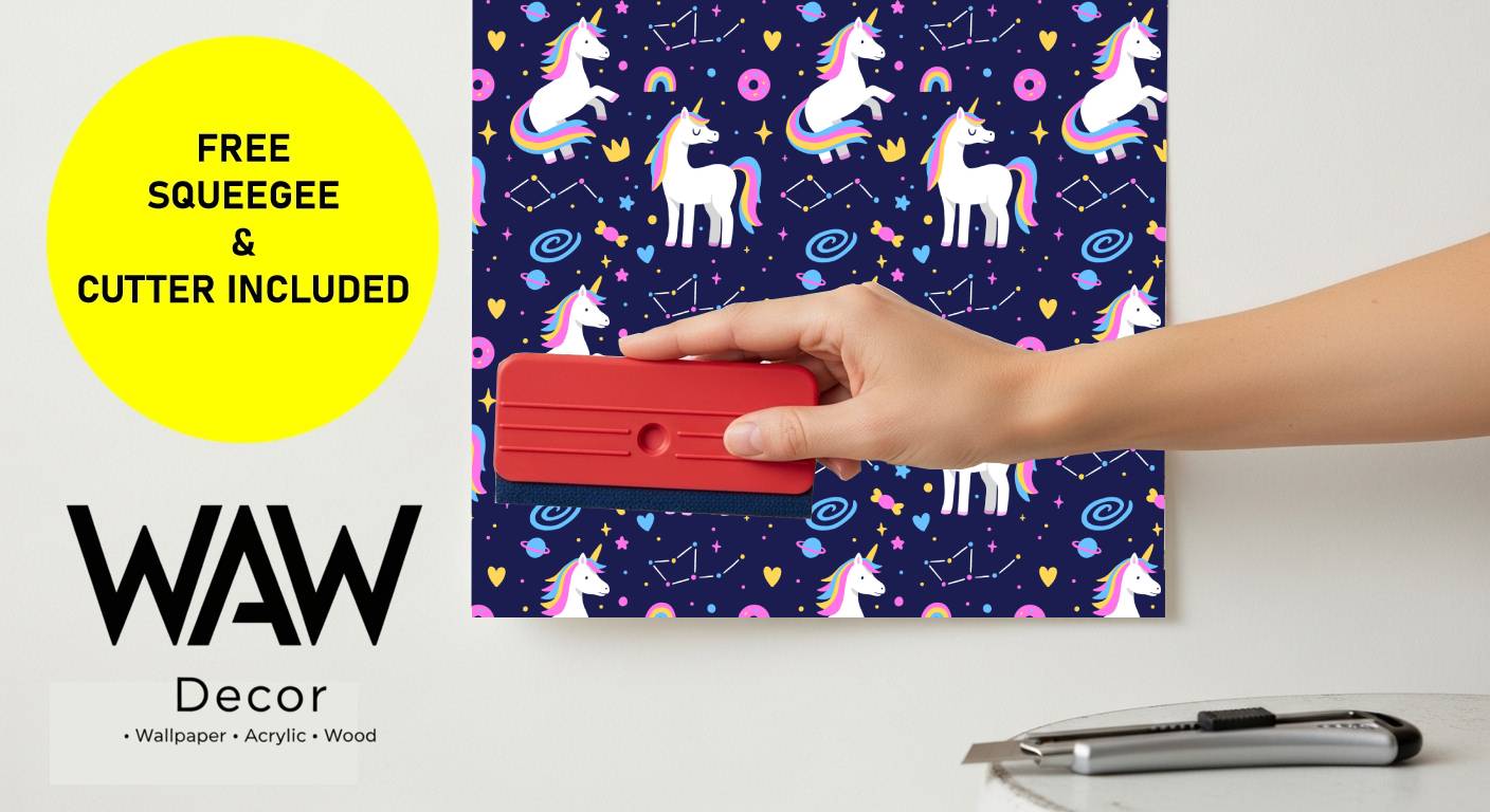 Applying the galaxy unicorns wallpaper mural with the free included squeegee and cutter tools