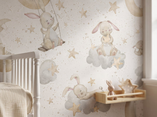 Close-up of watercolor bunny, cloud and star pattern detail