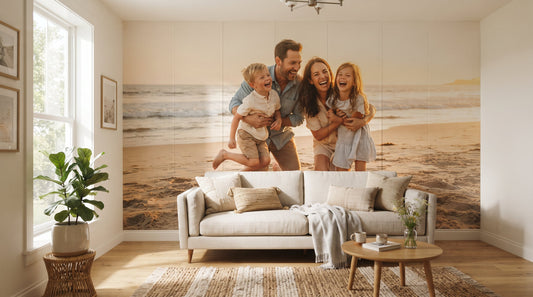 Family photo printed as a custom wall mural behind a sofa in a living room