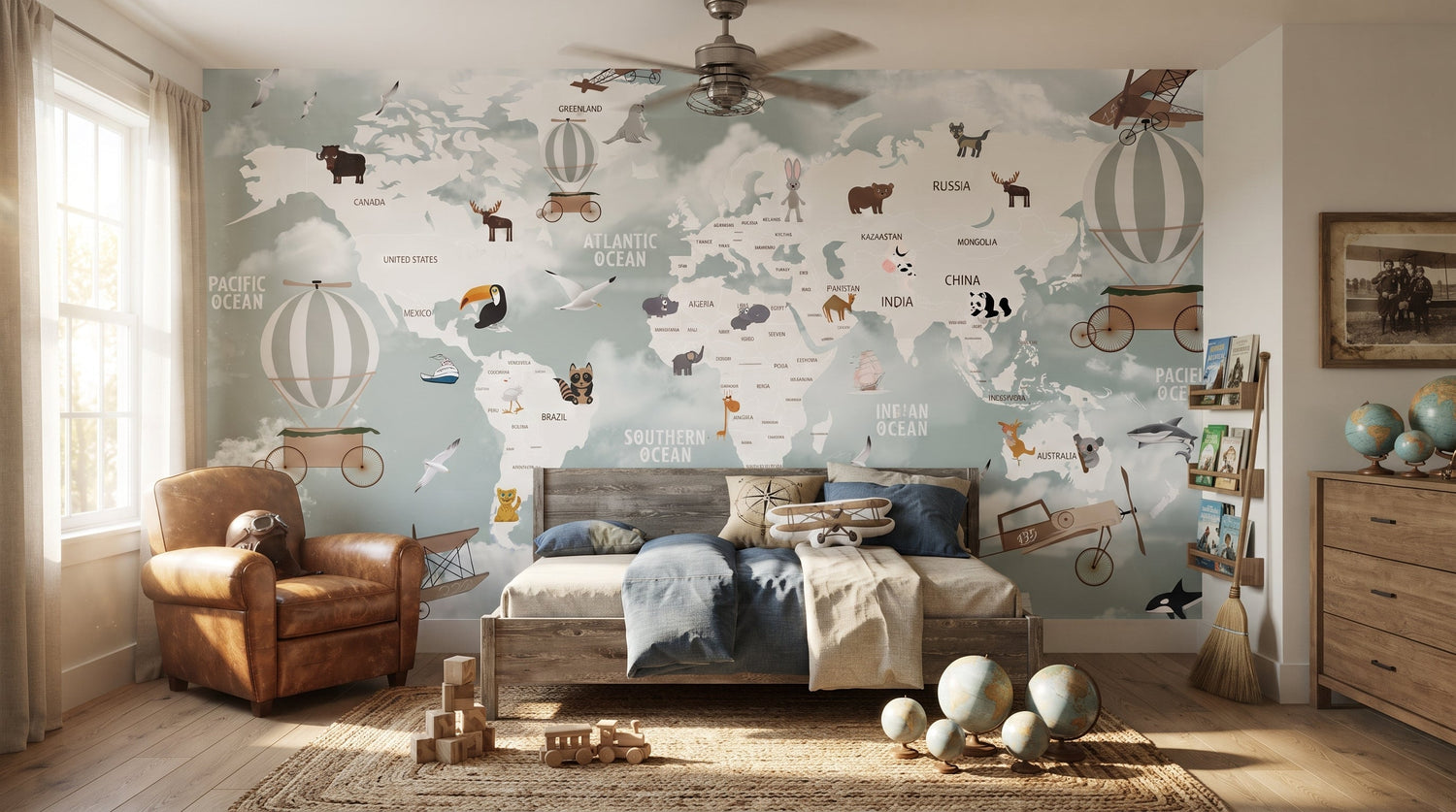 World explorer map wallpaper behind a wooden daybed with a leather armchair and globes in a boy's bedroom