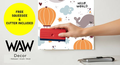 Whale and Hot Air Balloon Nursery Wallpaper – Hello World Peel and Stick Wallpaper for Baby Room, Kids Bedroom Cute Ocean Animal Wall Decor