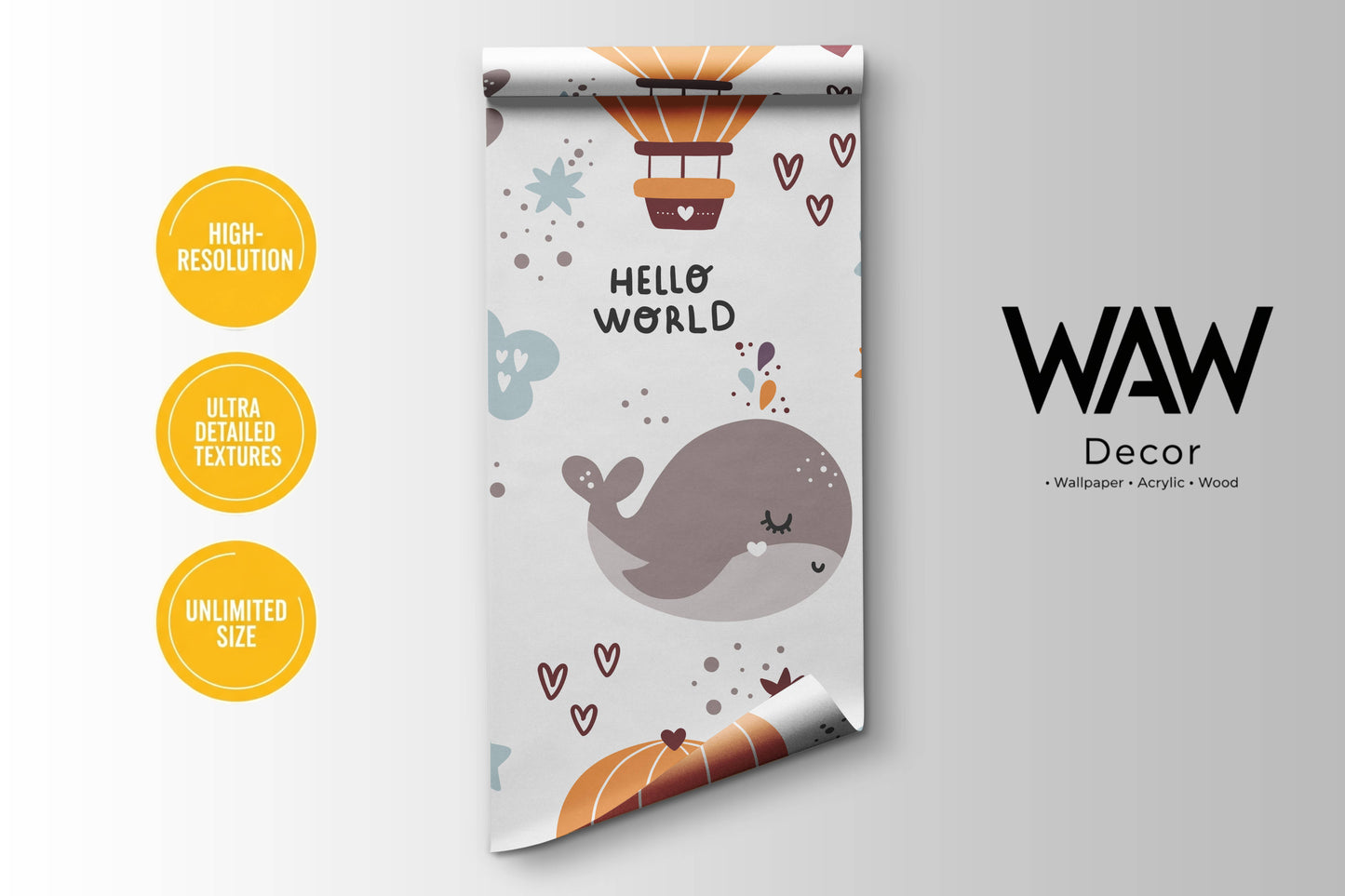 Whale and Hot Air Balloon Nursery Wallpaper – Hello World Peel and Stick Wallpaper for Baby Room, Kids Bedroom Cute Ocean Animal Wall Decor