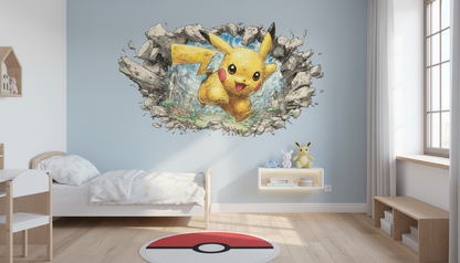 3D Pikachu Wall Sticker Nursery, Anime Vinyl Decal,  Removable Cartoon Wall Art, Anime Pikachu Wall Sticker for Kids Rooms