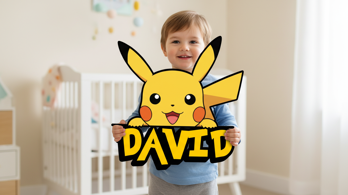 Letrero de madera personalizado con nombre para habitación infantil, decoración de pared personalizada, regalo de letrero de madera con nombre de Pikachu