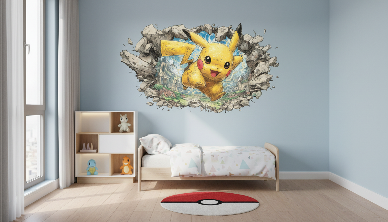 3D Pikachu Wall Sticker Nursery, Anime Vinyl Decal,  Removable Cartoon Wall Art, Anime Pikachu Wall Sticker for Kids Rooms
