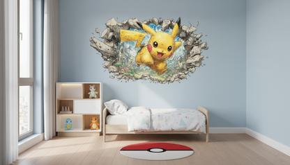 3D Pikachu Wall Sticker Nursery, Anime Vinyl Decal,  Removable Cartoon Wall Art, Anime Pikachu Wall Sticker for Kids Rooms