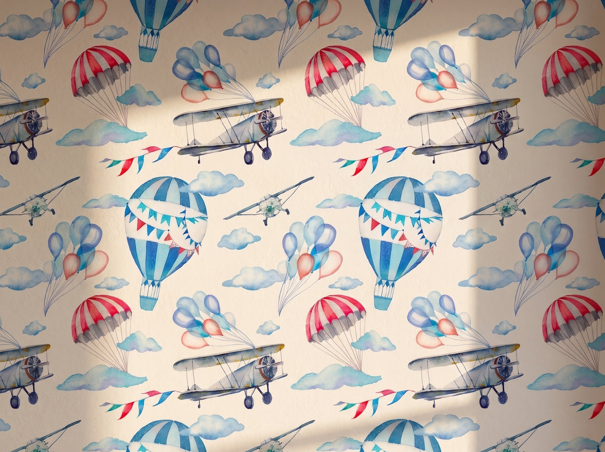 Close-up of watercolor airplane and hot air balloon wallpaper pattern