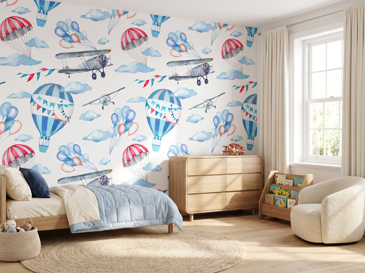  Watercolor aviation mural in a toddler boys bedroom