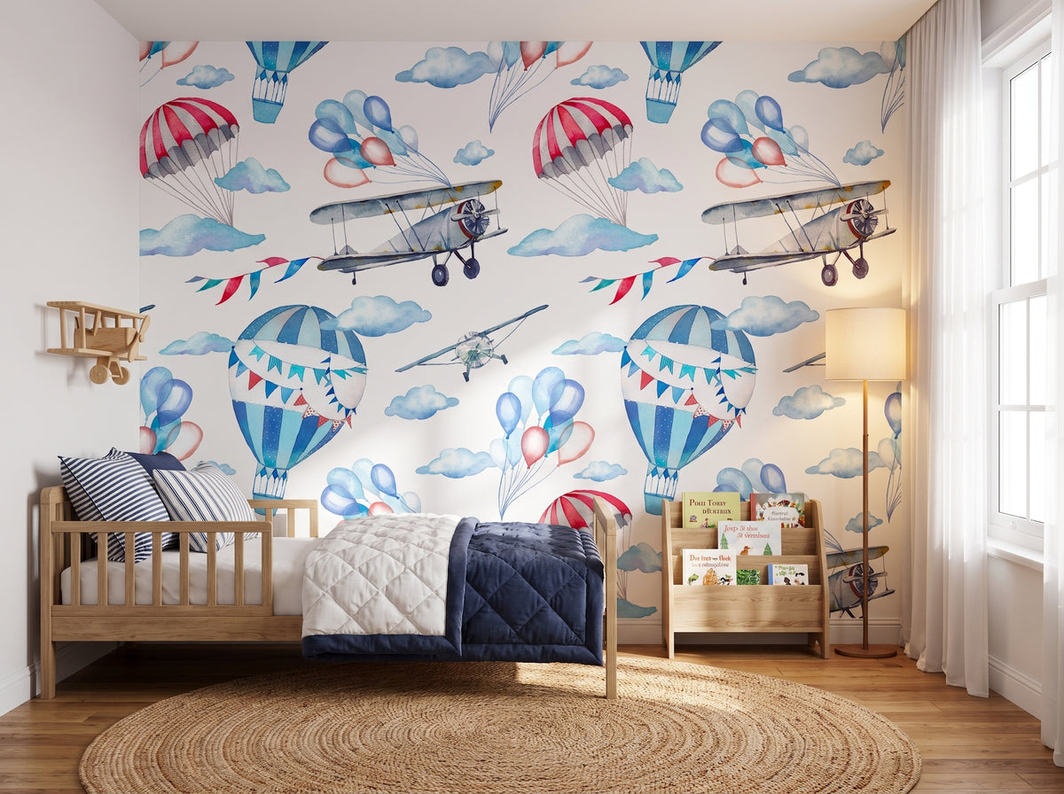 airplane nursery wallpaper with vintage planes and hot air balloons
