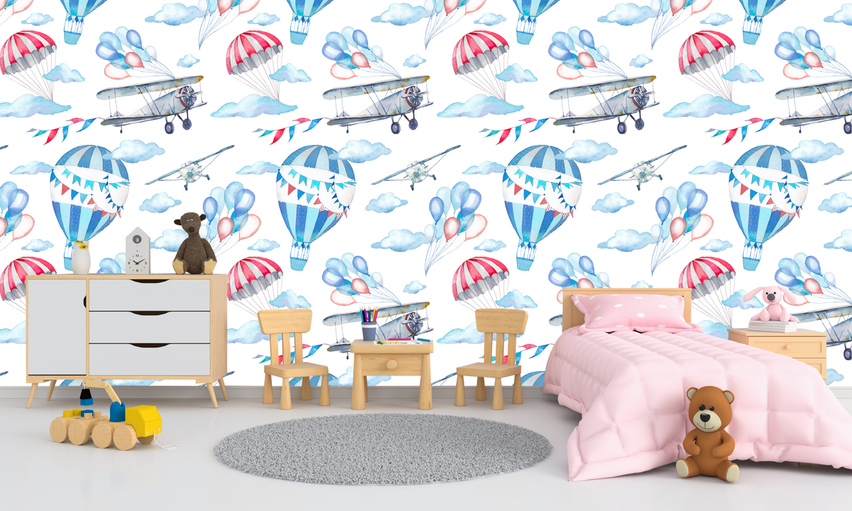 Airplane Nursery Wallpaper – Watercolor Vintage Plane & Hot Air Balloon Wall Mural for Kids Room