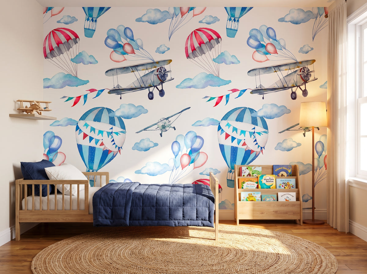 airplane nursery wallpaper with vintage planes and hot air balloons above a crib