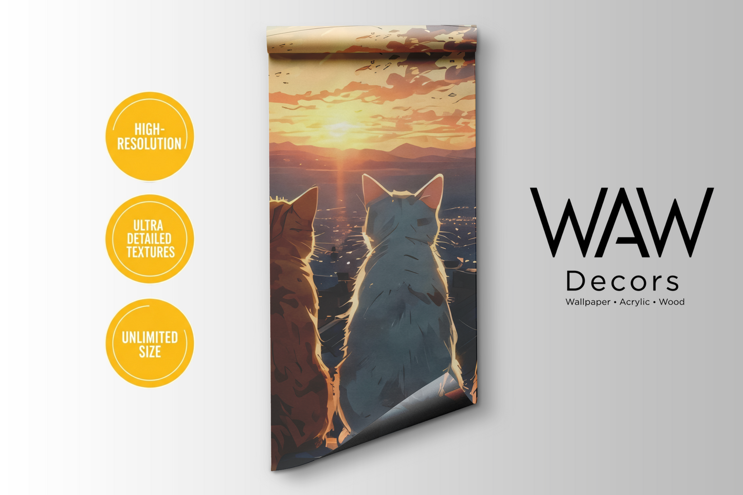 WAW Decors cats watching sunset wallpaper roll, high-resolution print in unlimited custom sizes