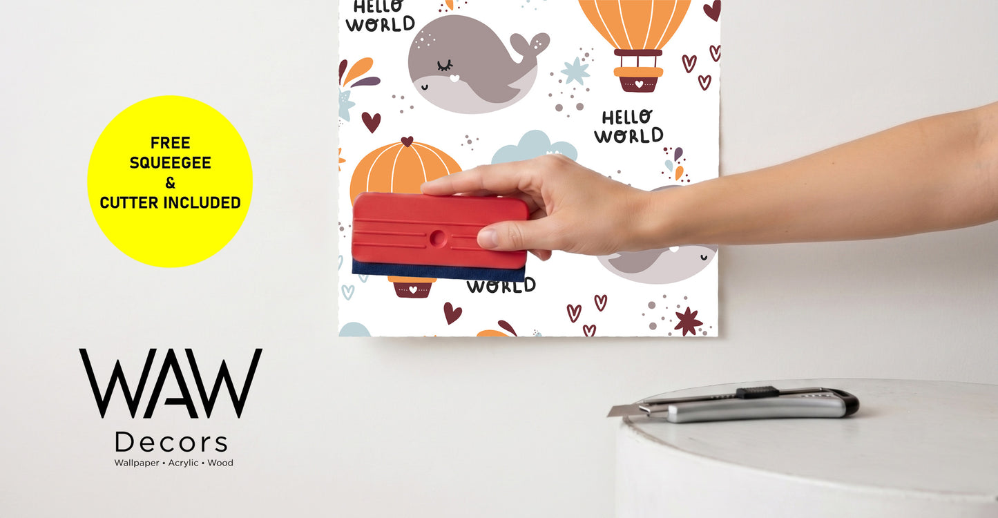 Papier peint de chambre d'enfant Baleine et Montgolfière – Papier peint autocollant « Hello World » pour chambre de bébé, chambre d'enfant, décoration murale mignonne animaux marins