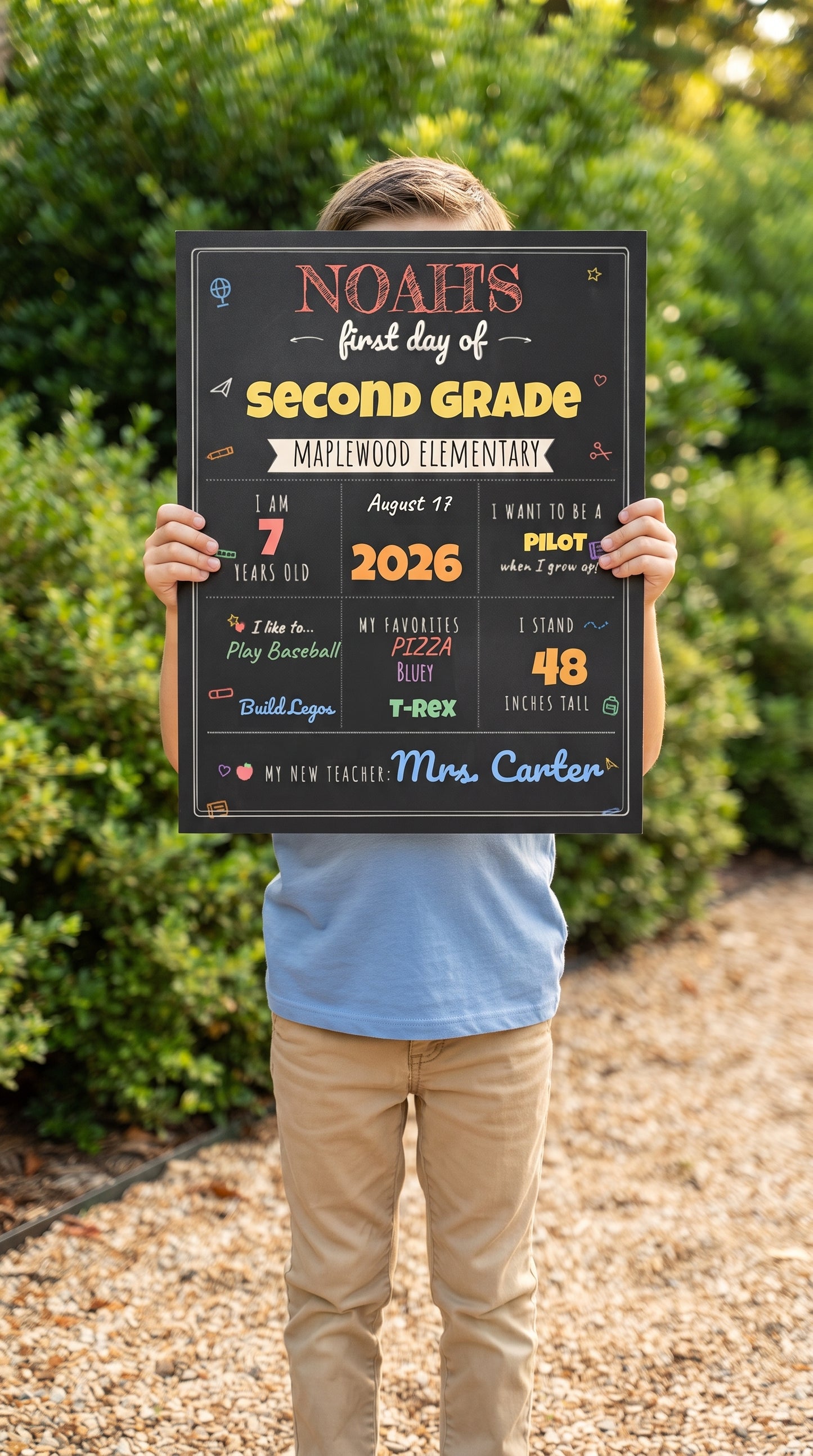 First day of school personalized sign flat lay showing name, first grade, and custom details