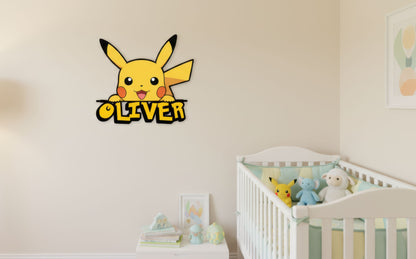Letrero de madera personalizado con nombre para habitación infantil, decoración de pared personalizada, regalo de letrero de madera con nombre de Pikachu