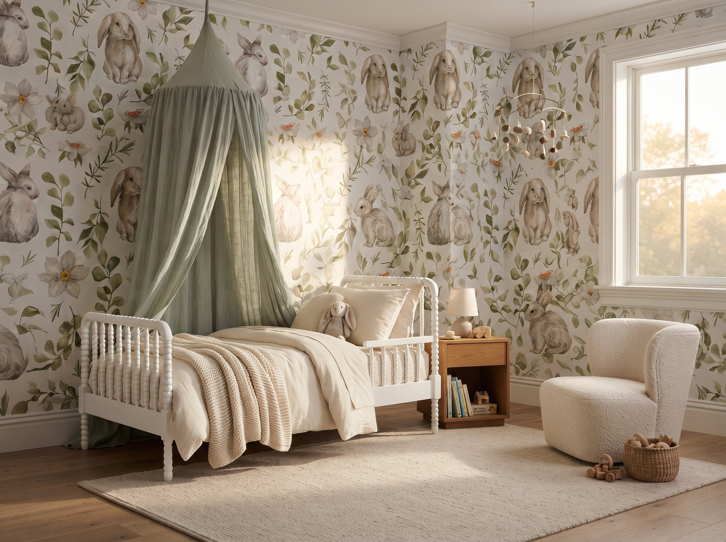Bunny Botanical Nursery Wallpaper | Custom Peel & Stick Mural