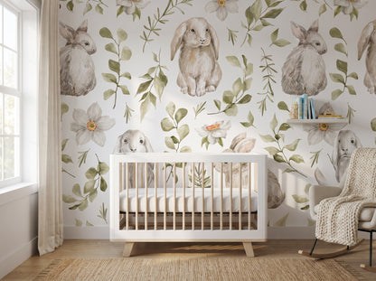 Bunny Botanical Nursery Wallpaper | Custom Peel & Stick Mural