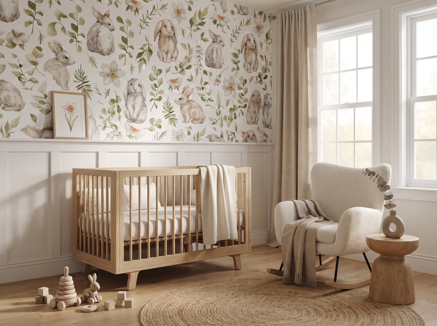 Bunny Botanical Nursery Wallpaper | Custom Peel & Stick Mural