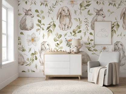 Bunny Botanical Nursery Wallpaper | Custom Peel & Stick Mural
