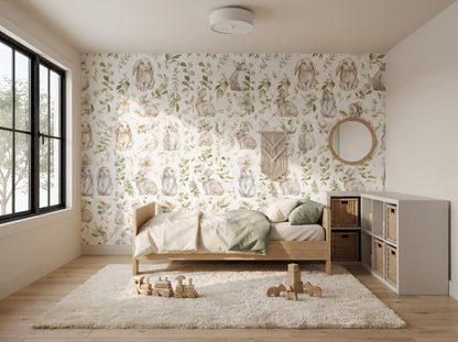 Bunny Botanical Nursery Wallpaper | Custom Peel & Stick Mural