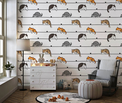 Cartoon cats wallpaper in a kids bedroom with a rocking chair and window light