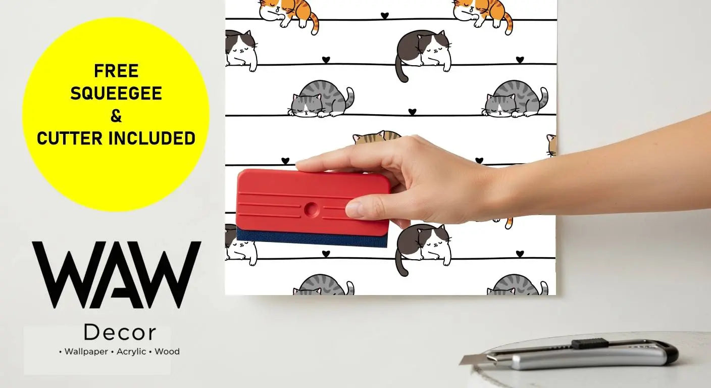 Applying the cartoon cats wallpaper mural with the free included squeegee and cutter tools