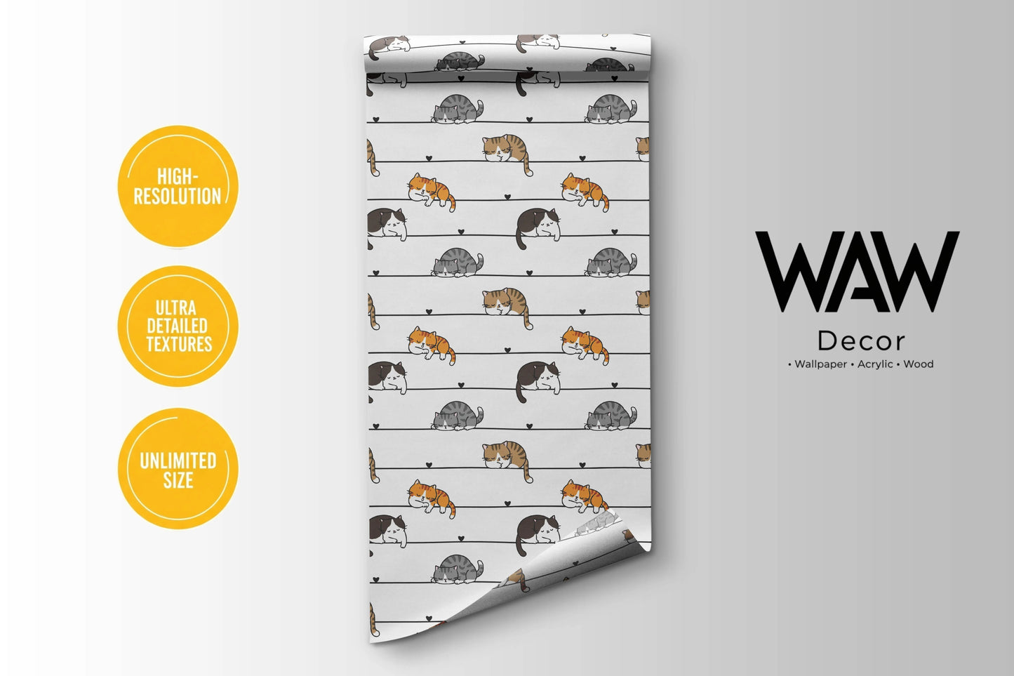 WAW Decors cartoon cats wallpaper roll, high-resolution print in unlimited custom sizes