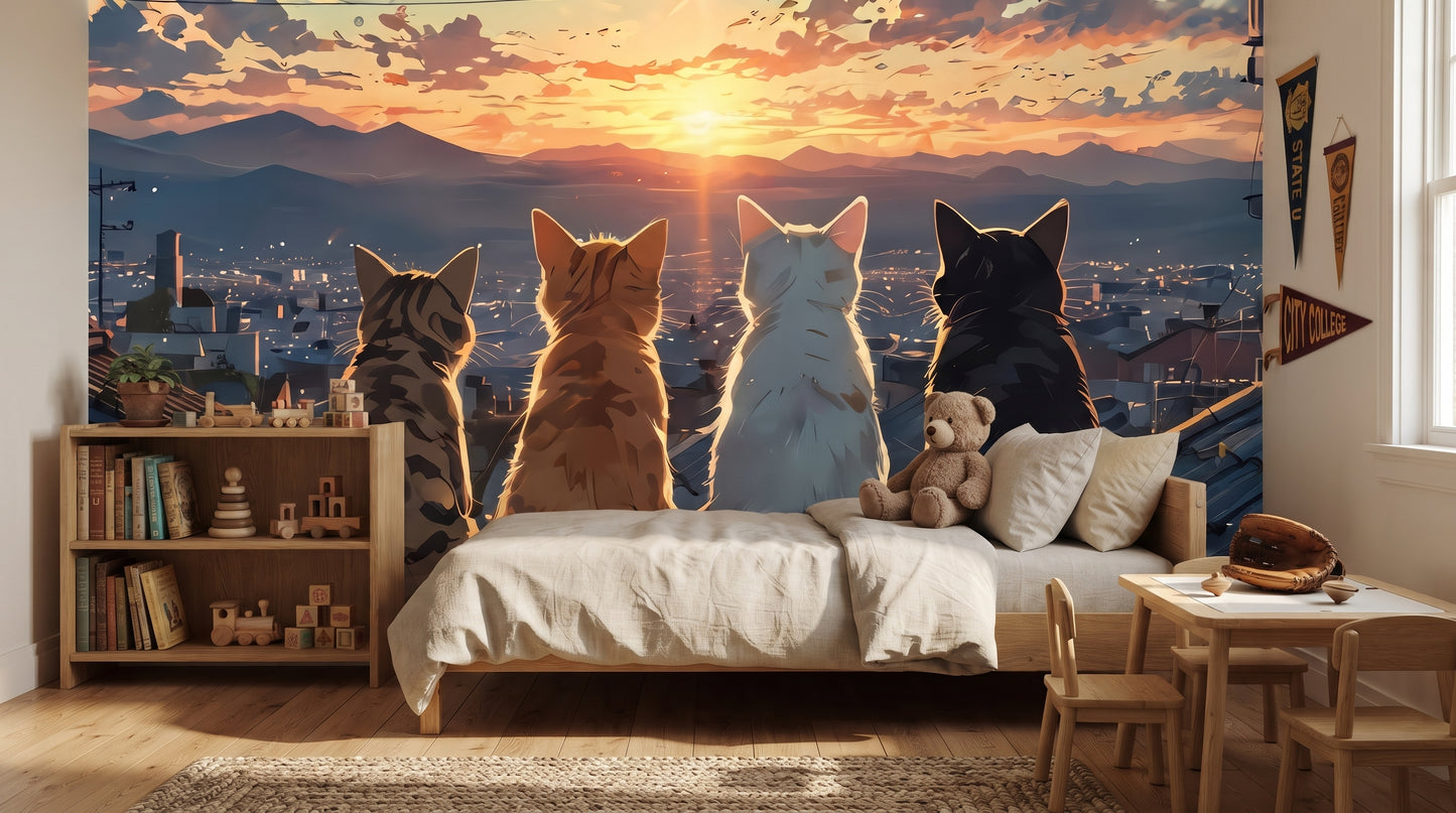 Cats watching sunset wall mural behind a bed with a wooden bookshelf, toys, and pennant flags