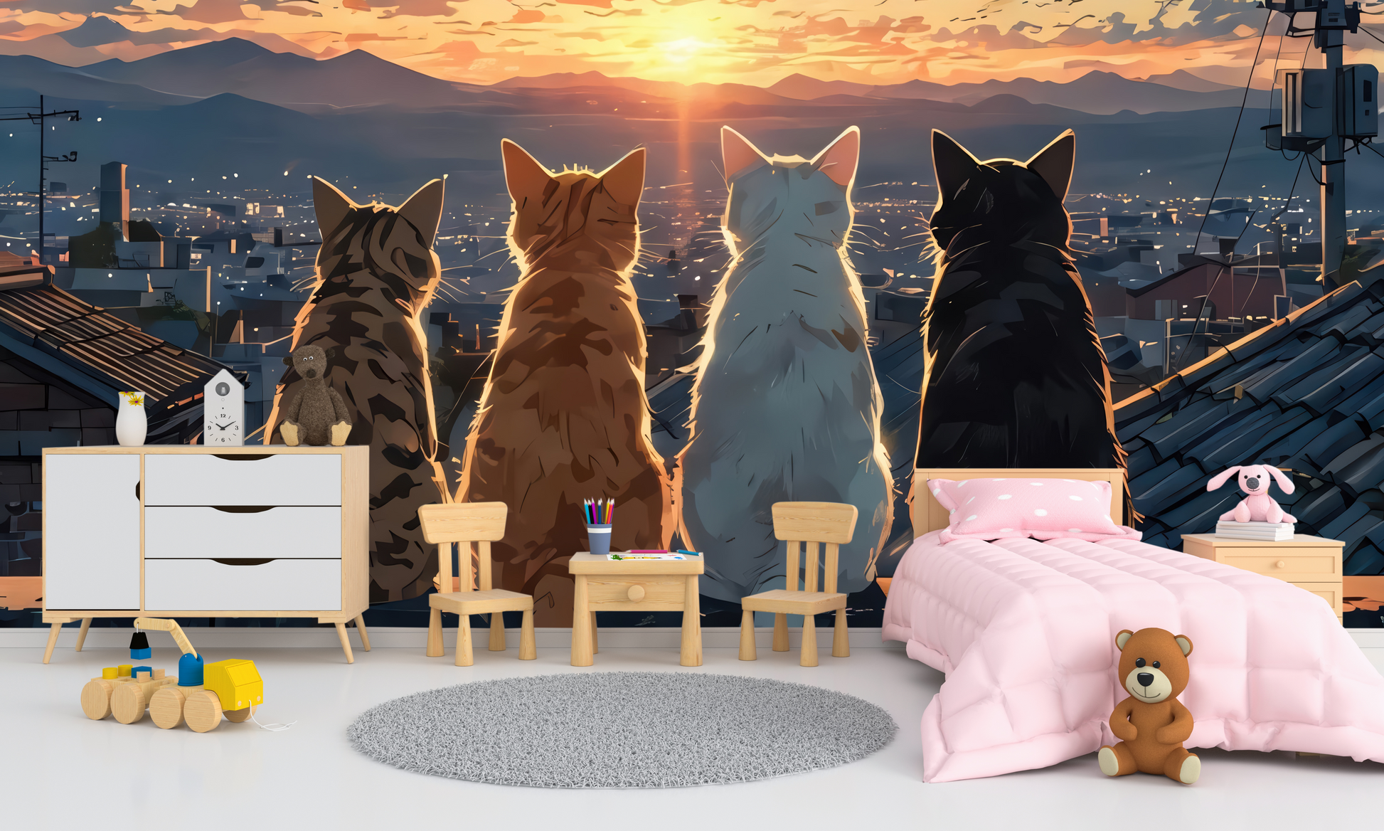Cats watching sunset wall mural in a kids bedroom with wooden toys, teddy bear, and a pink bed