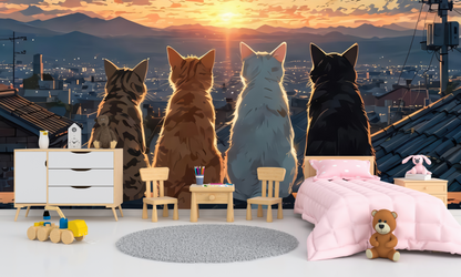 Cats watching sunset wall mural in a kids bedroom with wooden toys, teddy bear, and a pink bed