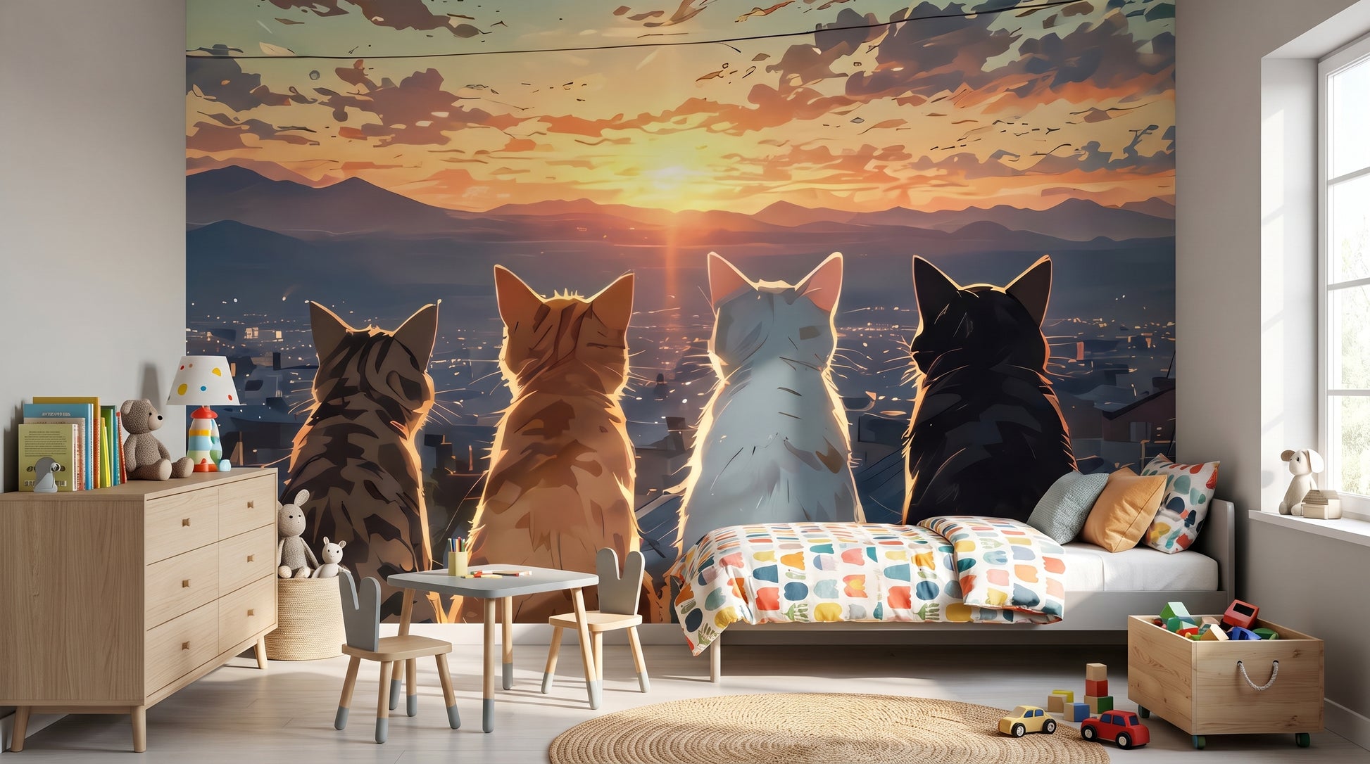 Cats watching sunset wall mural behind a bed with colorful patterned bedding and toy storage