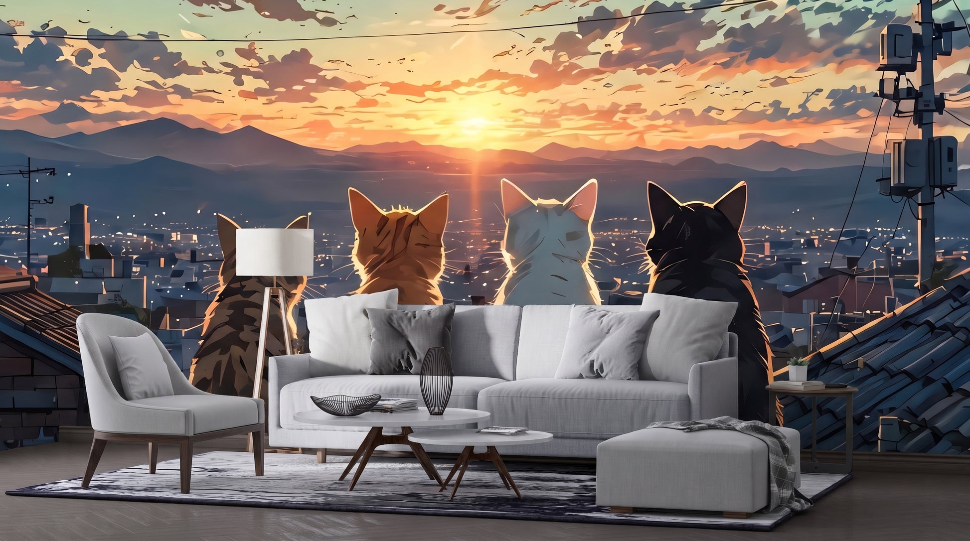 Cats watching sunset wall mural behind a light gray sofa and armchair in a modern living room