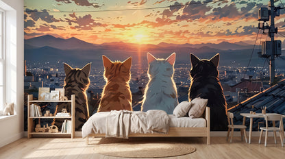 Cats watching sunset wall mural beside a sunlit window with a bookshelf and cozy bed