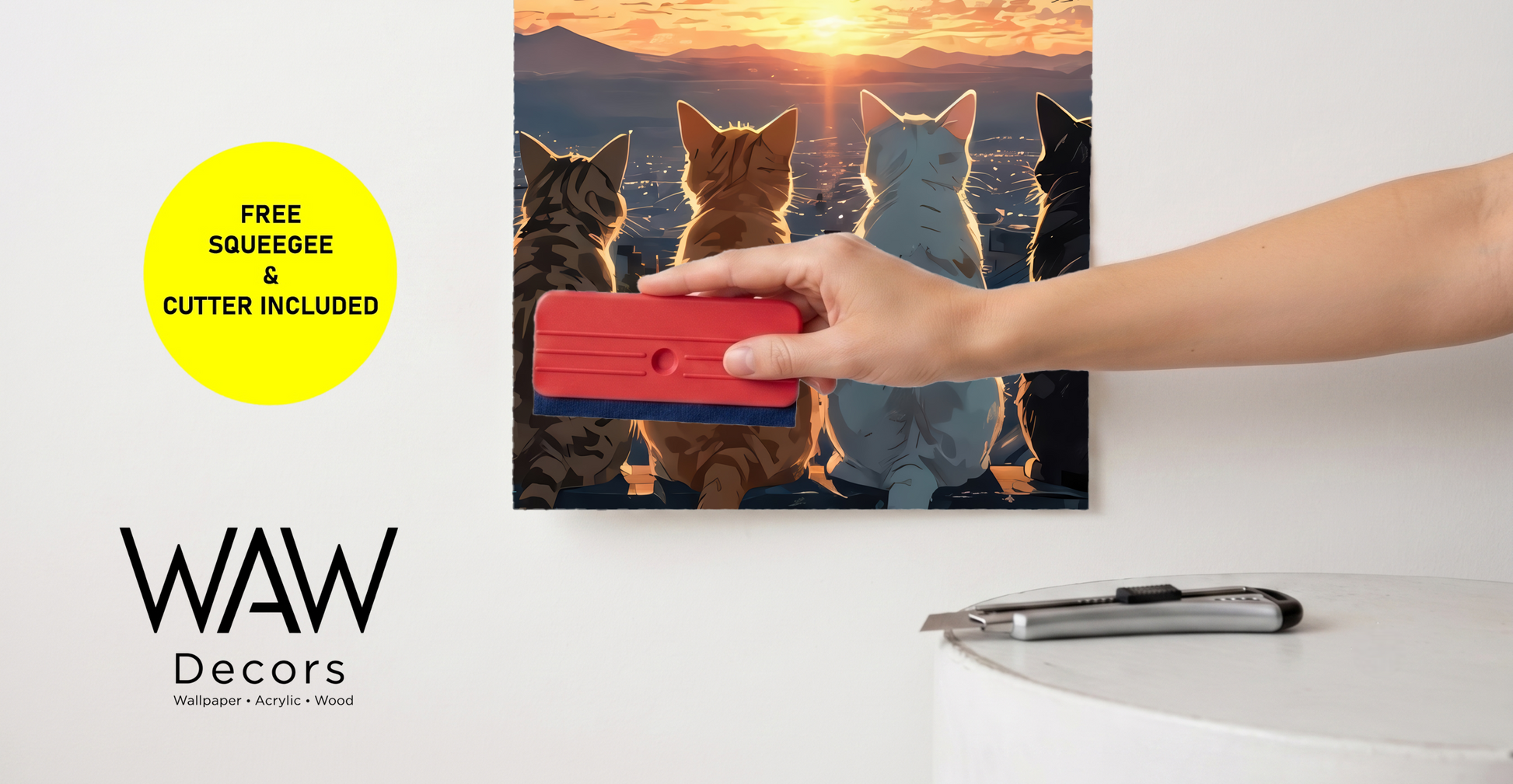  Applying the cats watching sunset wallpaper mural with the free included squeegee and cutter tools