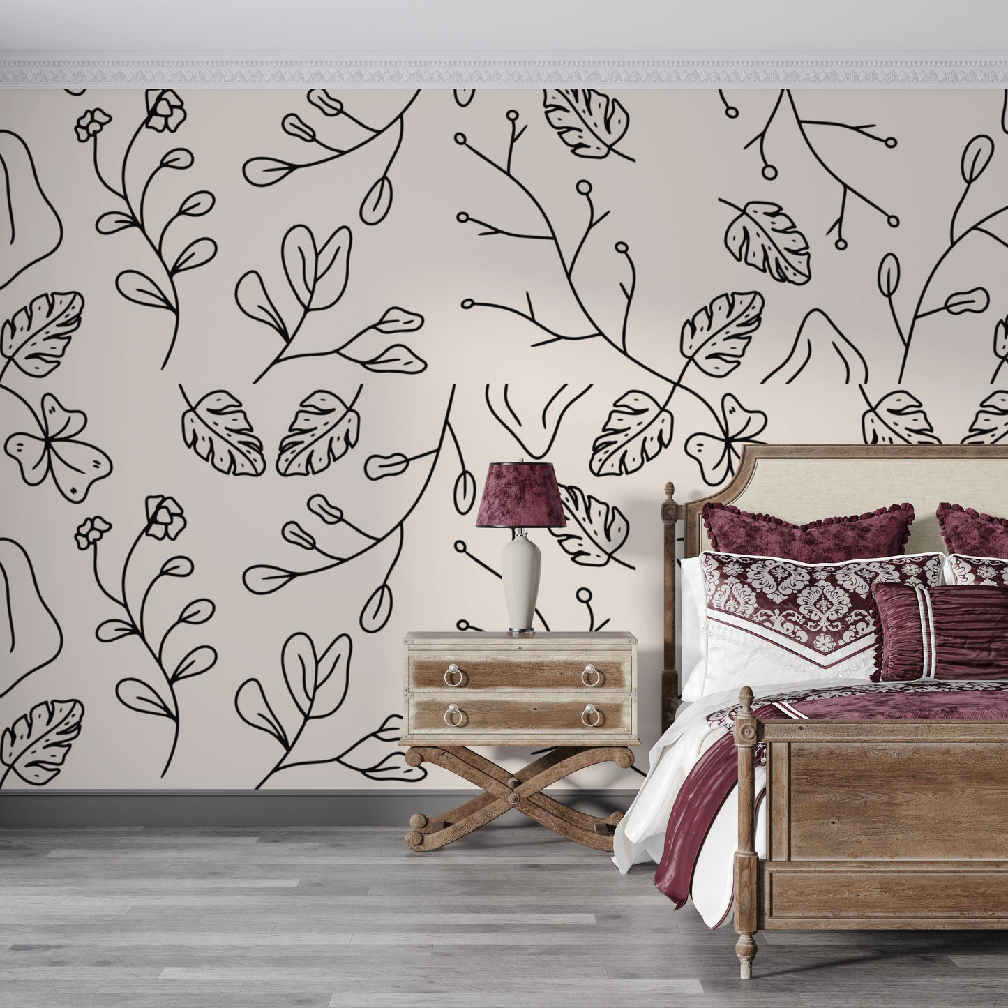 Minimal Floral Line Art Peel and Stick Wallpaper, Modern Botanical Wall Mural, Neutral Aesthetic Removable Wall Decor