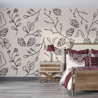 Minimal Floral Line Art Peel and Stick Wallpaper, Modern Botanical Wall Mural, Neutral Aesthetic Removable Wall Decor