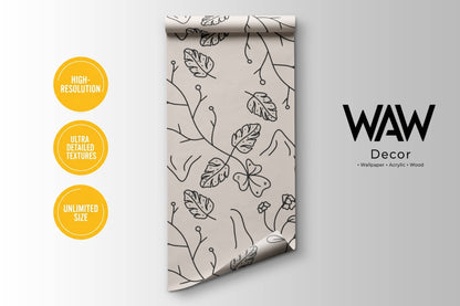 Minimal Floral Line Art Peel and Stick Wallpaper, Modern Botanical Wall Mural, Neutral Aesthetic Removable Wall Decor