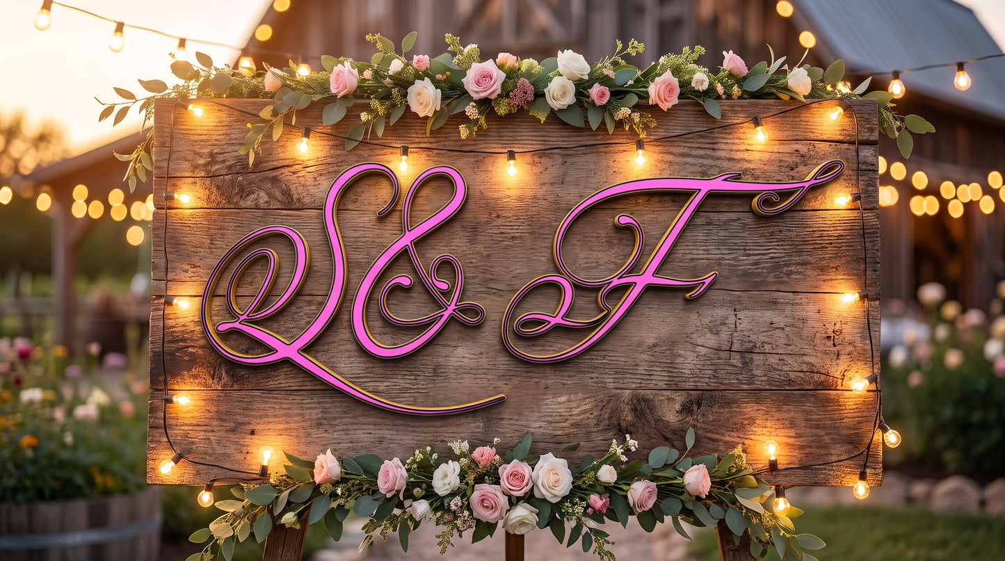 Custom cursive monogram wood sign "S & F" in pink and gold, decorated with flowers and string lights for a wedding