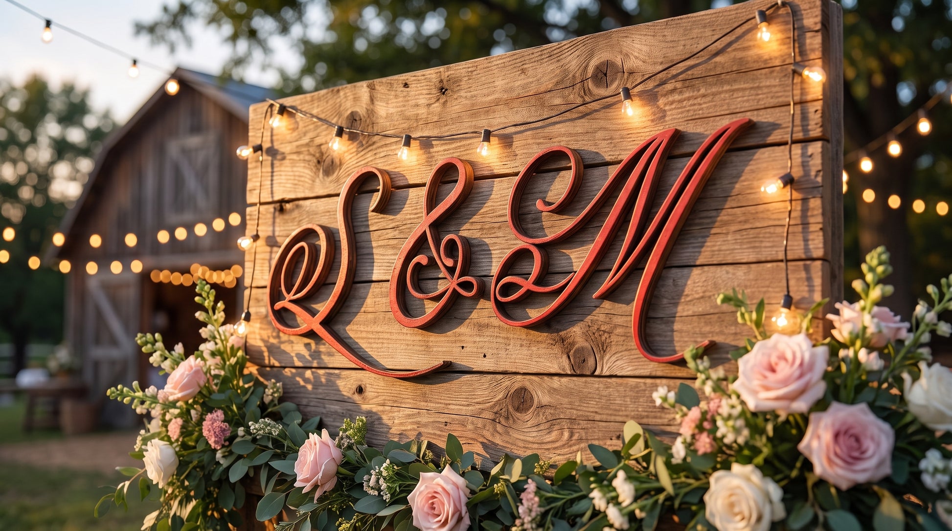 Custom cursive monogram wood sign "S & M" in red, decorated with flowers and string lights for a wedding