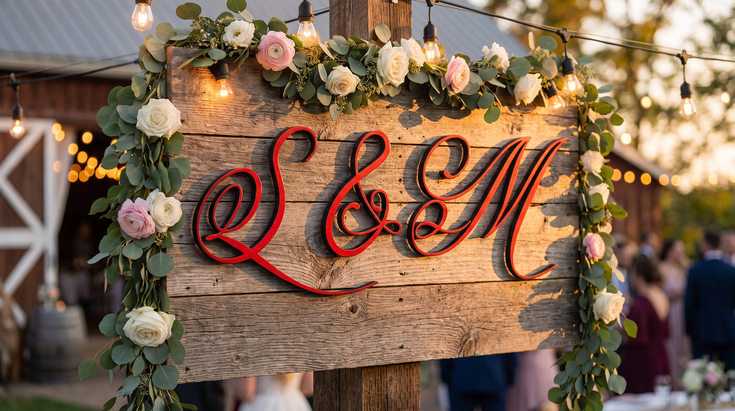 Custom cursive monogram wood sign decorated with flowers and string lights for a wedding