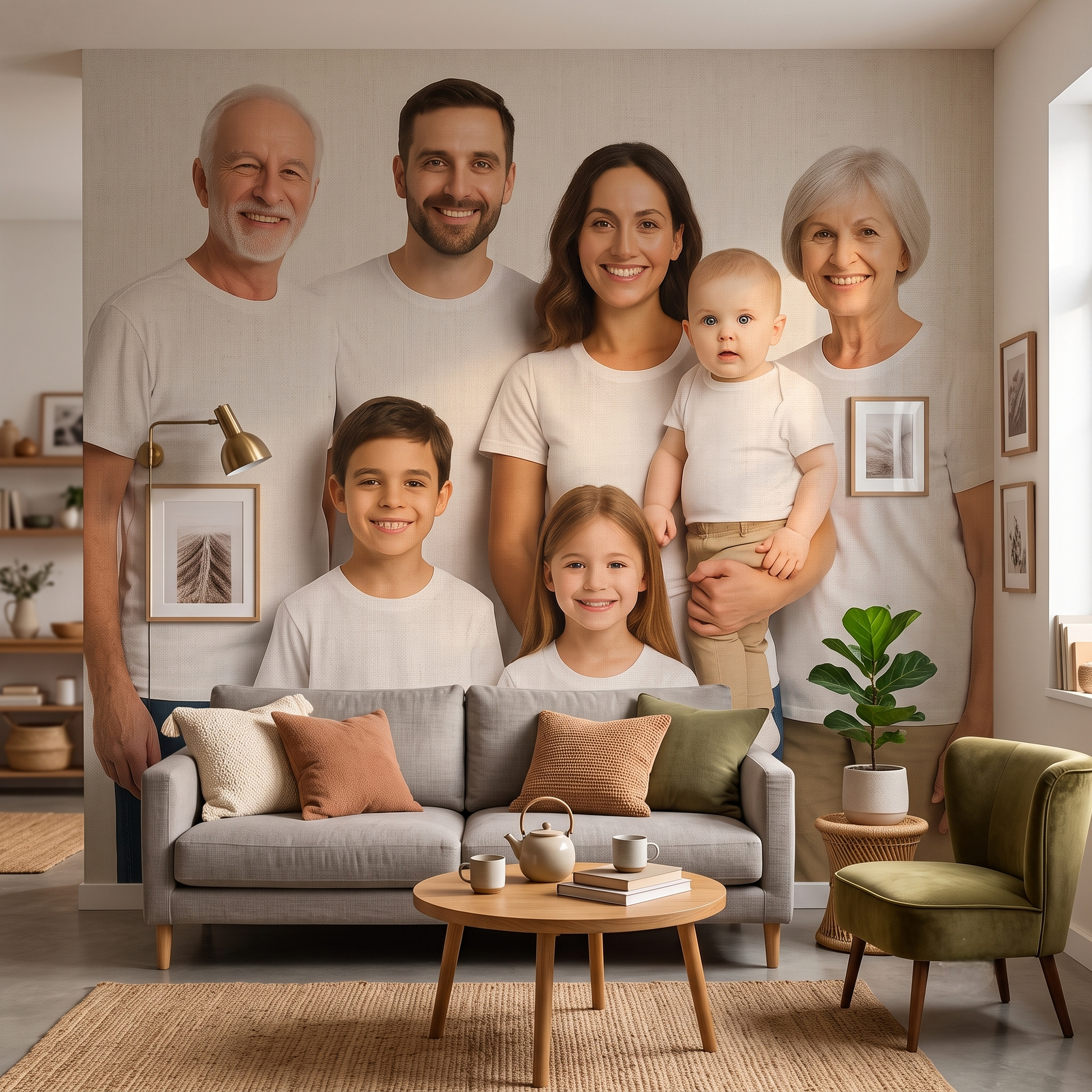 Custom wall mural of a family portrait printed as wallpaper in a living room