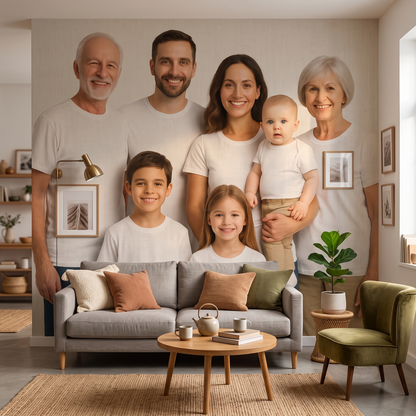 Custom wall mural of a family portrait printed as wallpaper in a living room