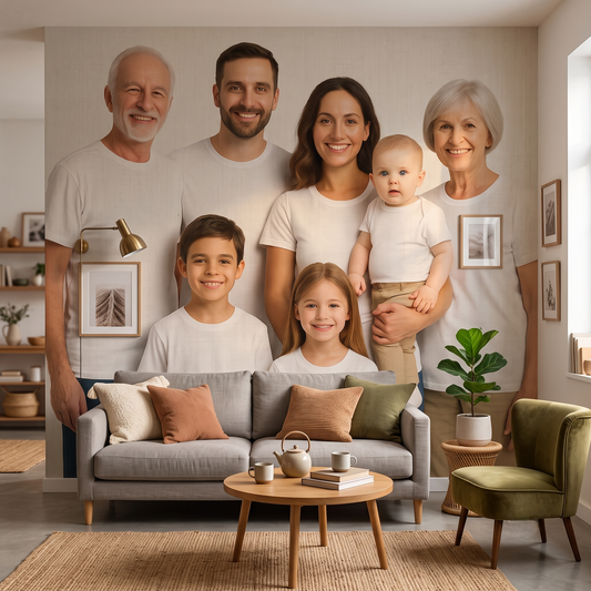 Custom wall mural of a family portrait printed as wallpaper in a living room