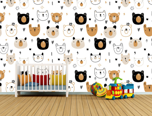A cozy baby nursery setup featuring a white crib and colorful toys against a repeating neutral cartoon bear wallpaper.