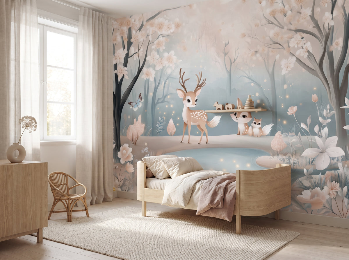 Enchanted forest mural with a matching wood name sign