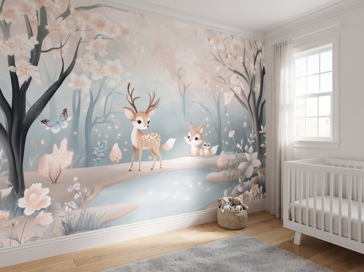 Deer Nursery Wallpaper Peel and Stick, Pastel Forest Fox and Blossom Wall Mural