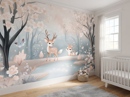Deer Nursery Wallpaper Peel and Stick, Pastel Forest Fox and Blossom Wall Mural