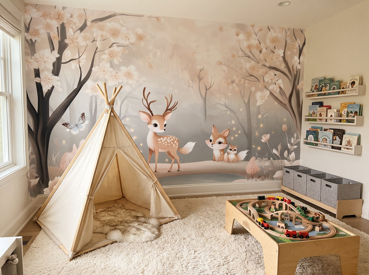Deer Nursery Wallpaper Peel and Stick, Pastel Forest Fox and Blossom Wall Mural