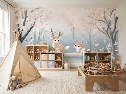 Enchanted forest nursery wallpaper with deer and fox behind a white crib